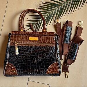Samantha Brown Croc-Embossed Shoulder Satchel – Brown & Navy – Strap Included